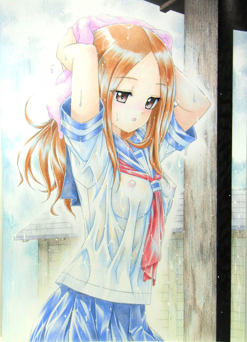からかい上手の高木さん 神社での雨宿り 色鉛筆アート A4(手描き