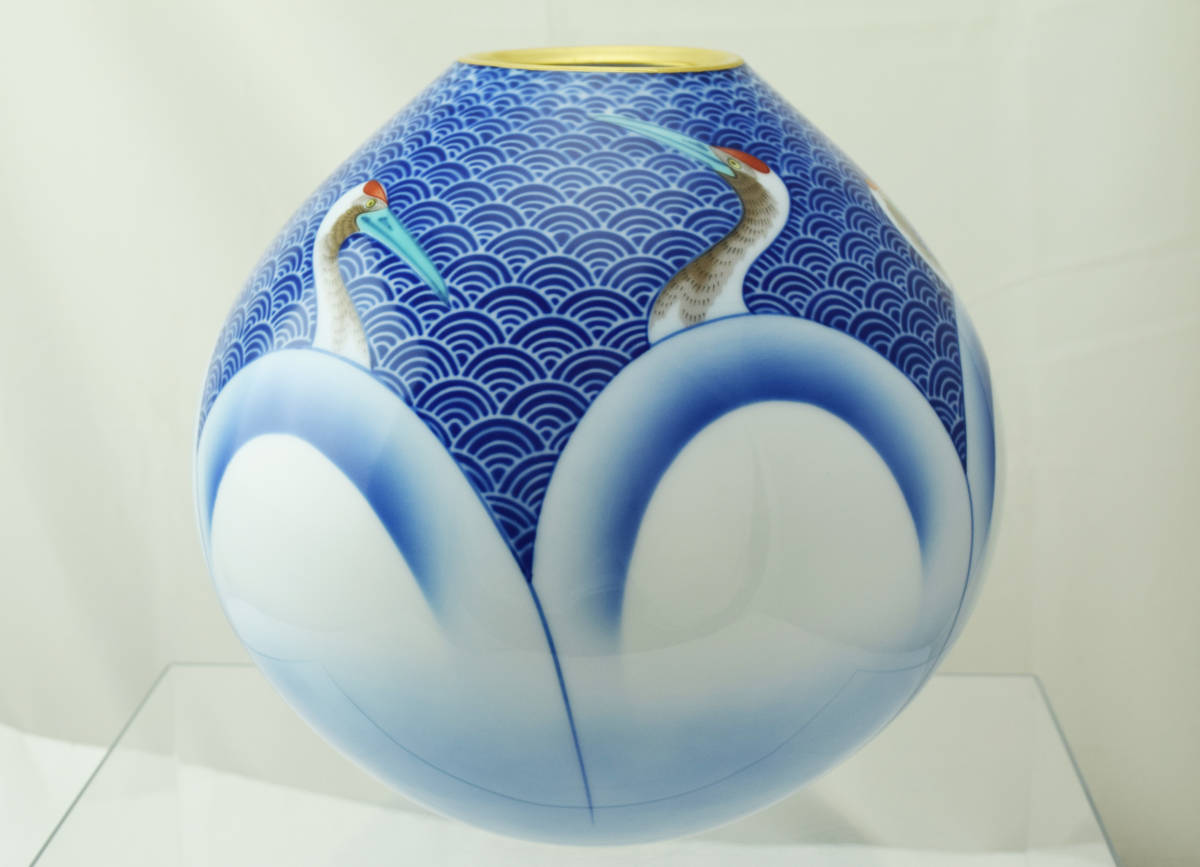 香蘭社 花生 共箱 青海波 金彩 波鶴文花 壺 華器 花器 花瓶 花入 花活