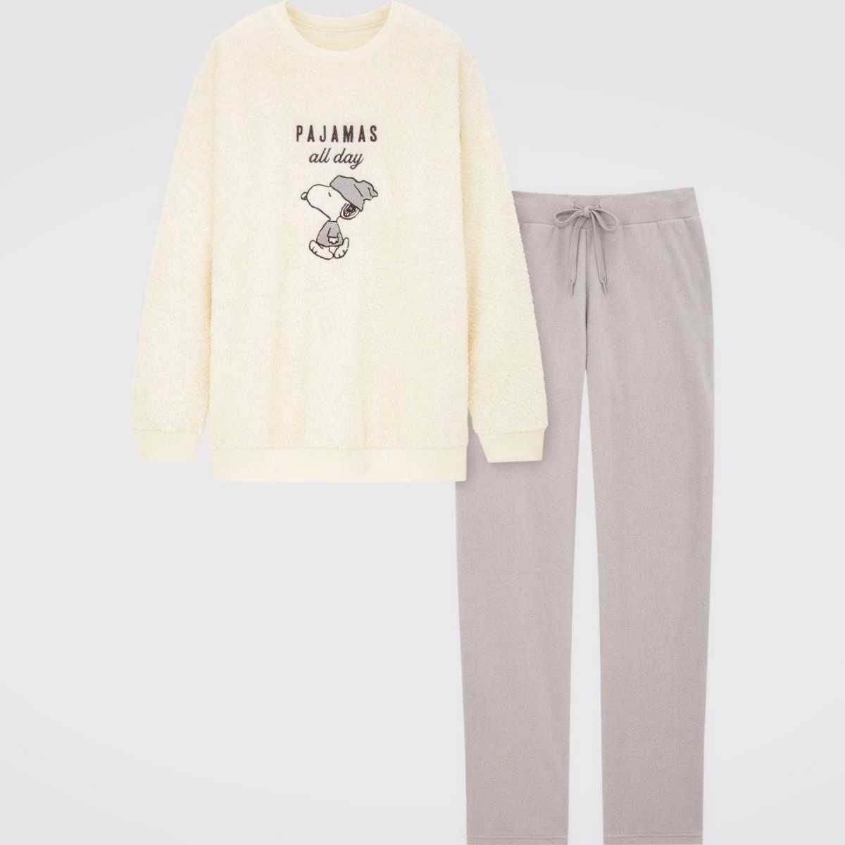 M 新品 ユニクロ スヌーピー ピーナッツ ホリデー フリース セット 長袖 GU レディース ズボン パンツ パジャマ ルームウエア レディース