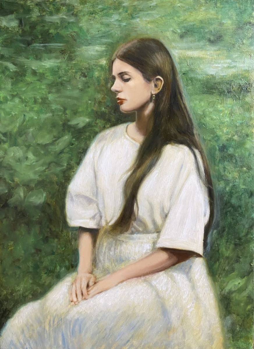 朝永丁心 「木霊の声」F4 油彩作品 真作 人物画 写実画 ホキ美術大賞展