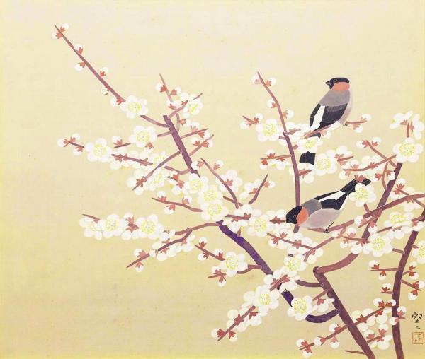 真作】【WISH】吉岡堅二「白梅」日本画 10号大 絹本 共板 ◇春