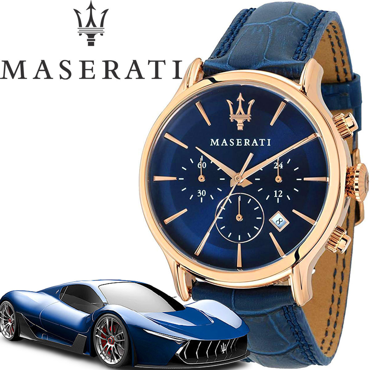 マセラティ公式時計サファイアブルー100m防水クロノグラフ本革 腕時計MASERATI未使用 日本未発売R8871618007メンズ MASERARTIマセラッ