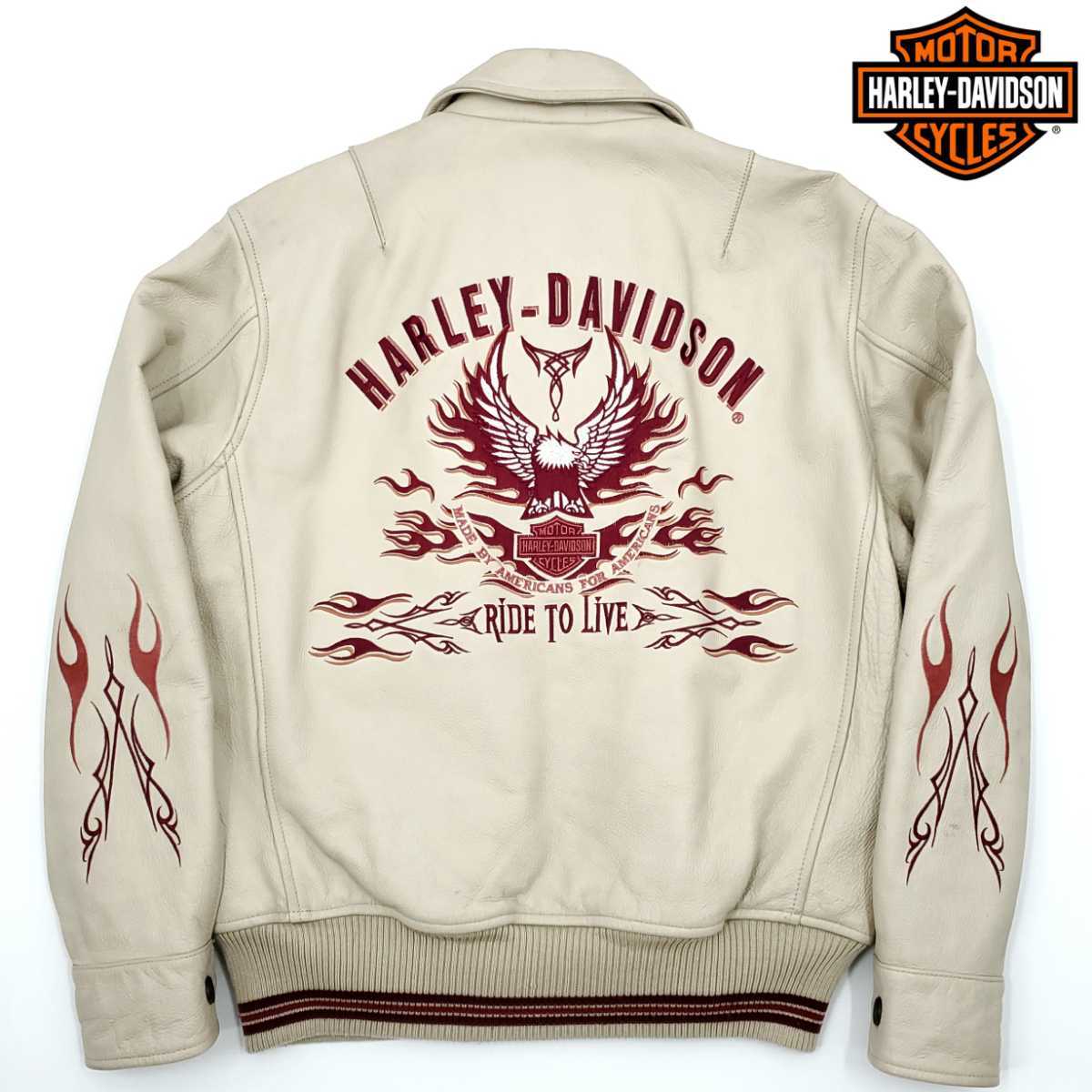 フル刺繍◇HARLEY-DAVIDSON◇オールレザースタジャンメンズMアイボリー
