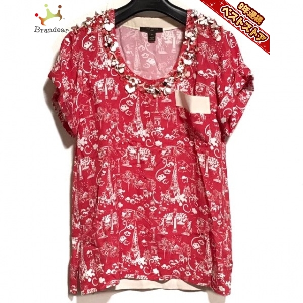 ルイヴィトン LOUIS VUITTON 半袖カットソー サイズ36 S - レッド×白×マルチ レディース ビーズ/スパンコール/春・秋物 トップス LOUIS VUITTON(ルイヴィトン)