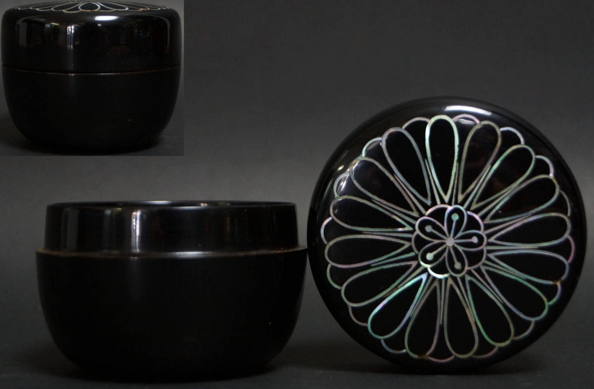 閑】茶道具 青貝螺鈿象嵌『菊紋』木製棗 刳り貫き茶入 茶道具☆3D0927□