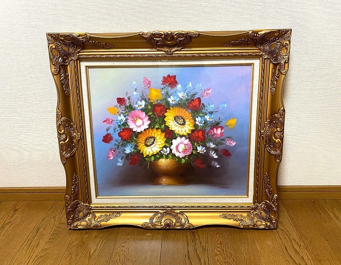 油彩画 油絵 額付 手描き 花瓶の花 インテリア 花 肉筆 手描き油絵