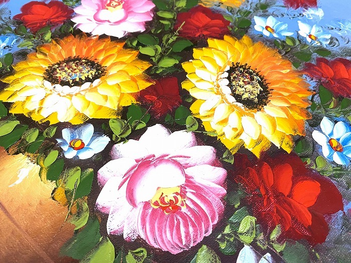 油彩画 油絵 額付 手描き 花瓶の花 インテリア 花 肉筆 手描き油絵