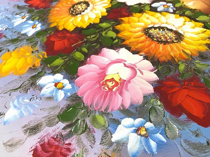 油彩画 油絵 額付 手描き 花瓶の花 インテリア 花 肉筆 手描き油絵