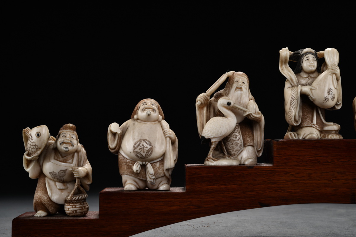 マンモス材 極細工 ◇鶴鳴堂◇時代物 七福神根付・置物 古置物 古擺件 