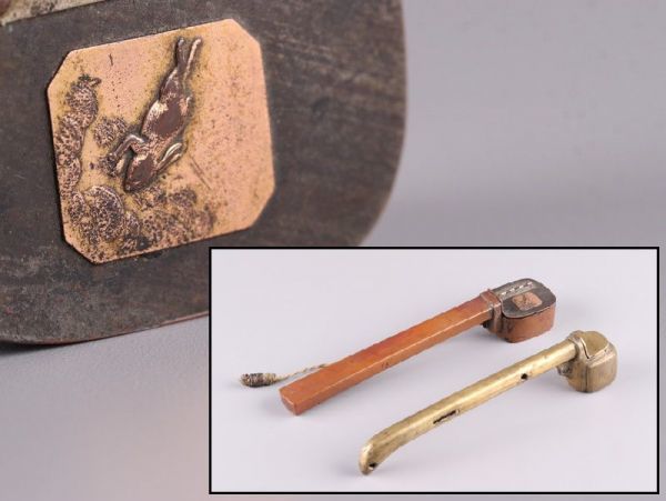 古美術 銅製 秀山 在銘 双鶴 置物 時代物 極上品 初だし品 8289