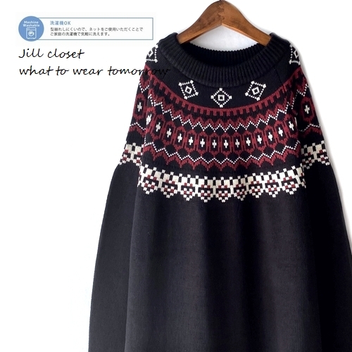 ＜新品＞伸縮◎ジャガード＊ロング丈 acrylicニットワンピース*ラウンドクルーネック*リブ切替design/チュニック/プルオーバー2022.black