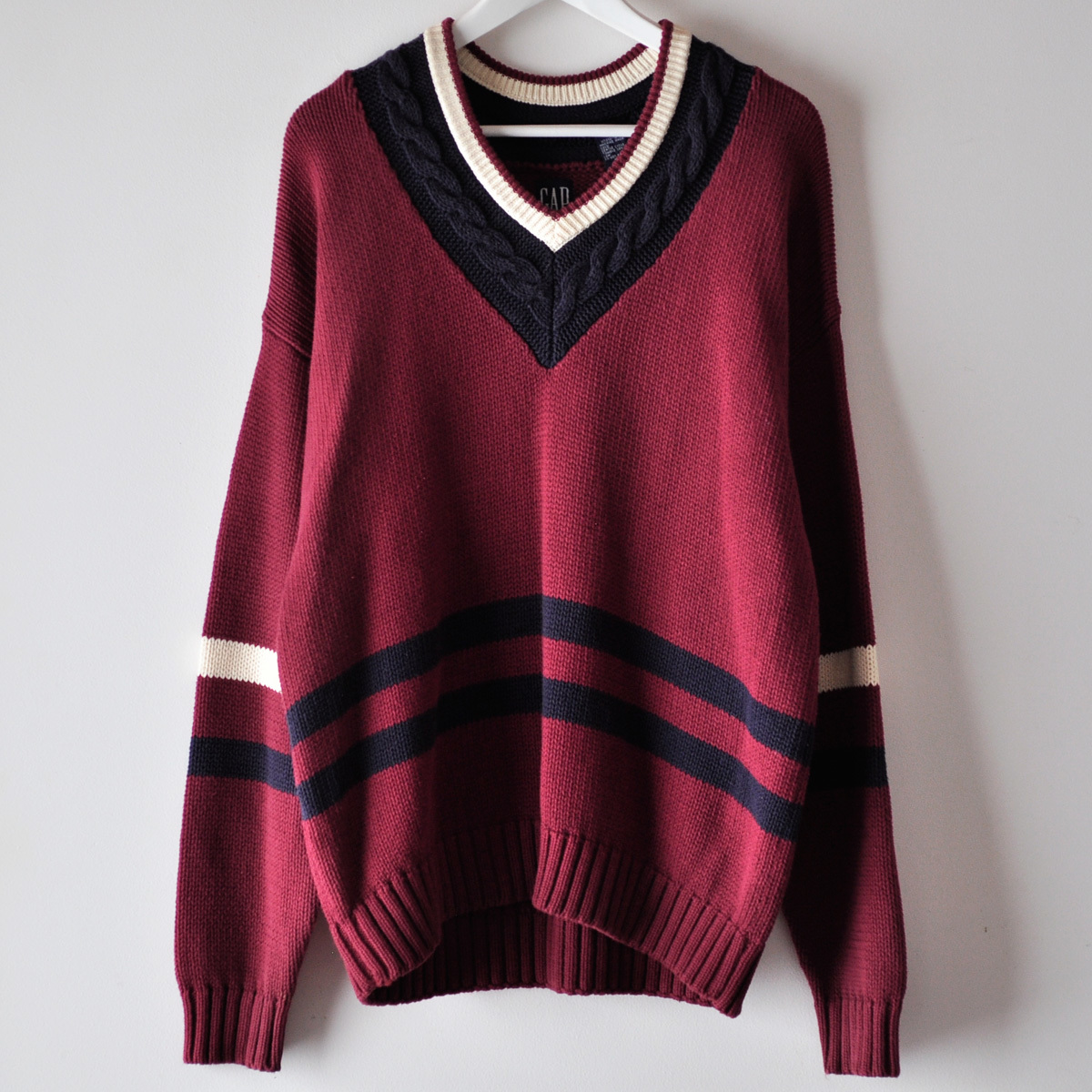 90s GAP チルデン Vネック コットンニット セーター M エンジ 