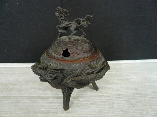 香炉 3点セット 三足 龍 獅子 金属製 仏具 中国 香炉 中国美術 銅製 翡翠 ⁄ 29cm