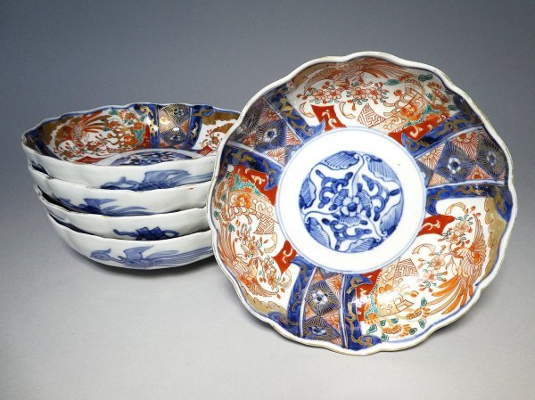 古伊万里 色絵 鳳凰に桜 かき分け 輪花 膾皿 5枚 NO.E2-3221 【公式通販】