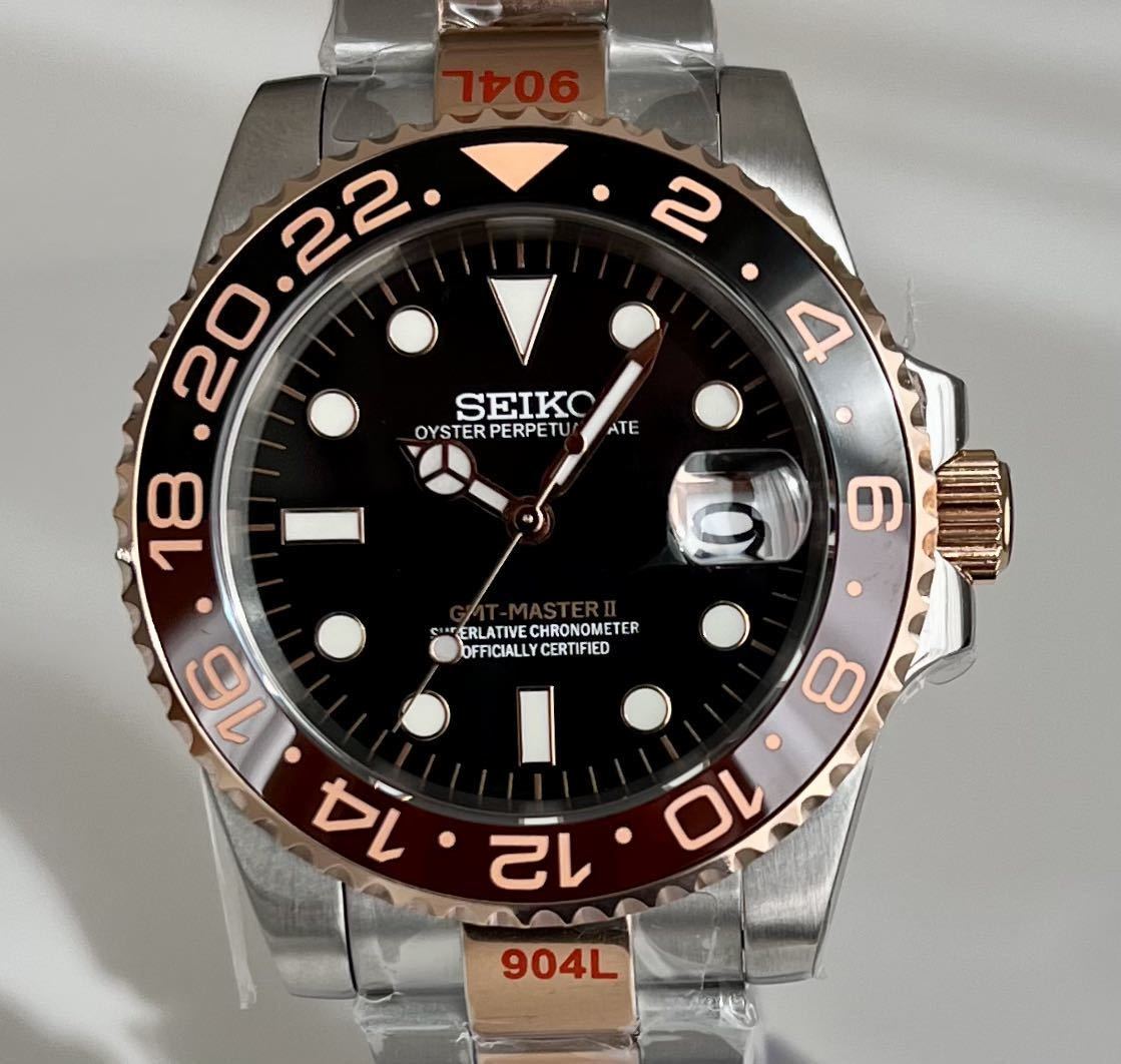 1円スタート☆SEIKO NH35搭載 GMT-MASTER2 MOD ローズゴールド カフェ 