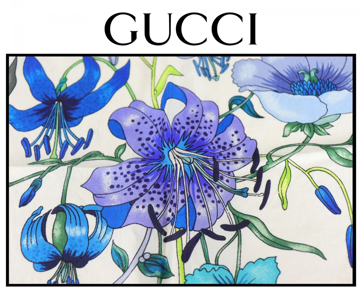 GUCCI グッチ シルクスカーフ 85×87cm V.ACCORNERO 花柄 フラワー 昆虫 ネイビー×マルチカラー ハイブランド FCBN69 スカーフ グッチ | GUCCI(バンダナ⁄スカーフ 1970\u0027S JP