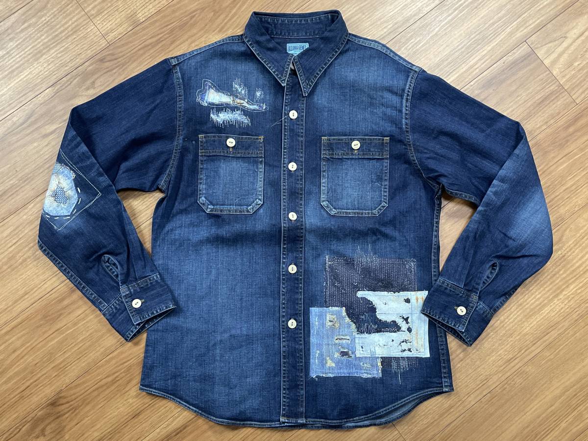 未使用品 児島ジーンズ KOJIMA GENES 転写 プリント デニム ワークシャツ パッチワーク リペア サイズM