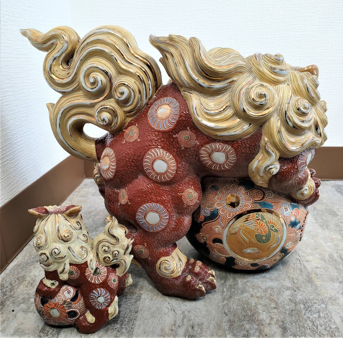 特大 大迫力!! 九谷焼 玉乗り獅子 狛犬 縁起物 厄除け 魔除け/置物