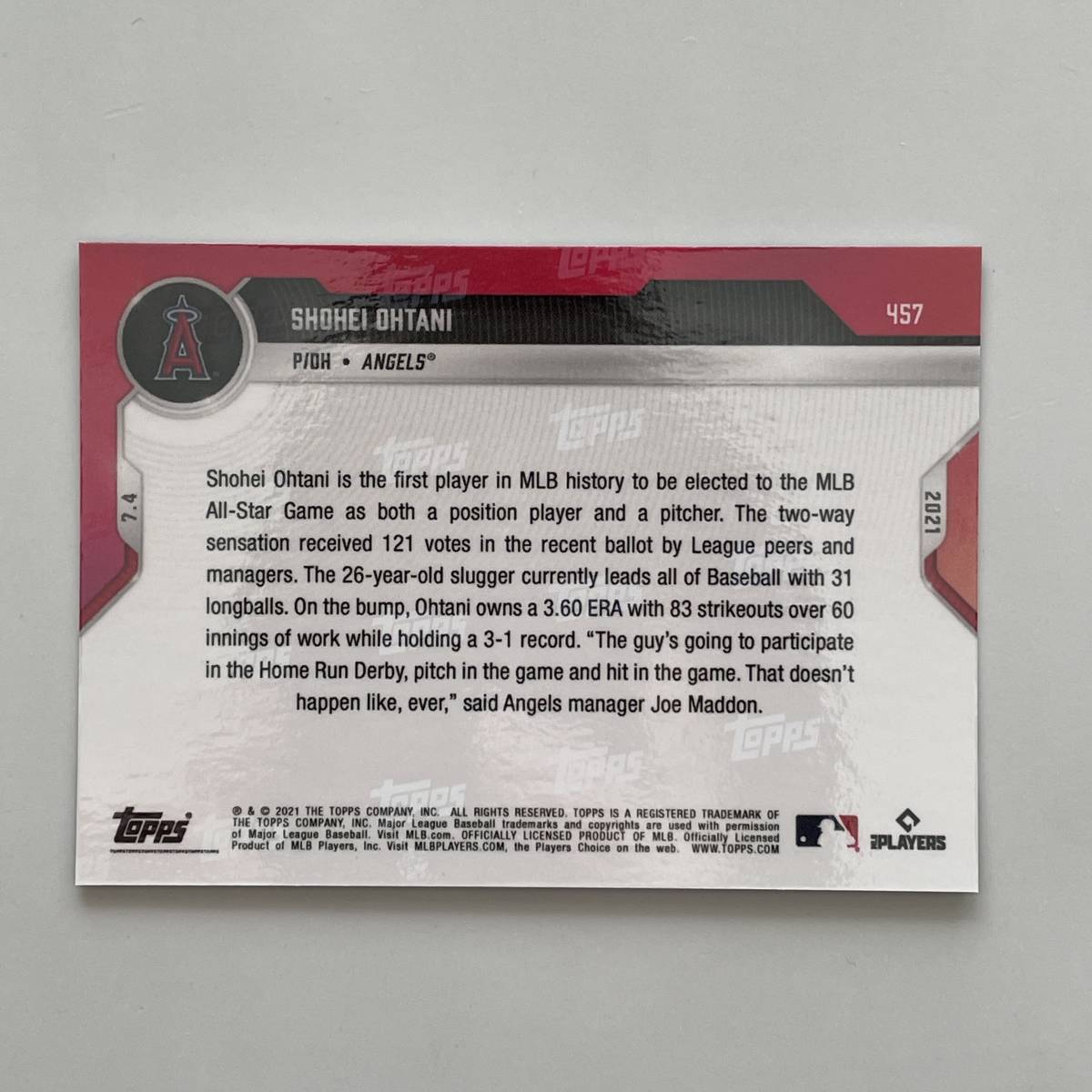 2021 TOPPS NOW 大谷翔平 457 世界初のDH&投手同時オールスター選出記念 24時間限定オーダー ホログラムつき　新品 送料無料 匿名取引 _2