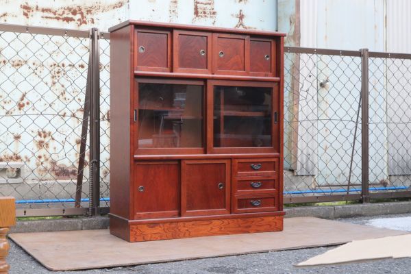 リビング収納 C壁 昭和レトロ 木製 茶箪笥 茶棚 ガラス戸 飾り棚