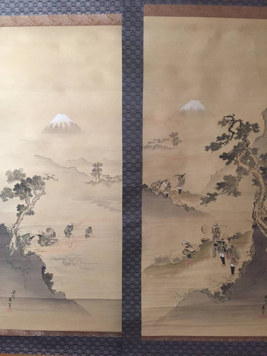 葛飾北斎 掛軸 仮題『富士と旅人と渡し舟』絹本肉筆 対幅 大幅軸 江戸 