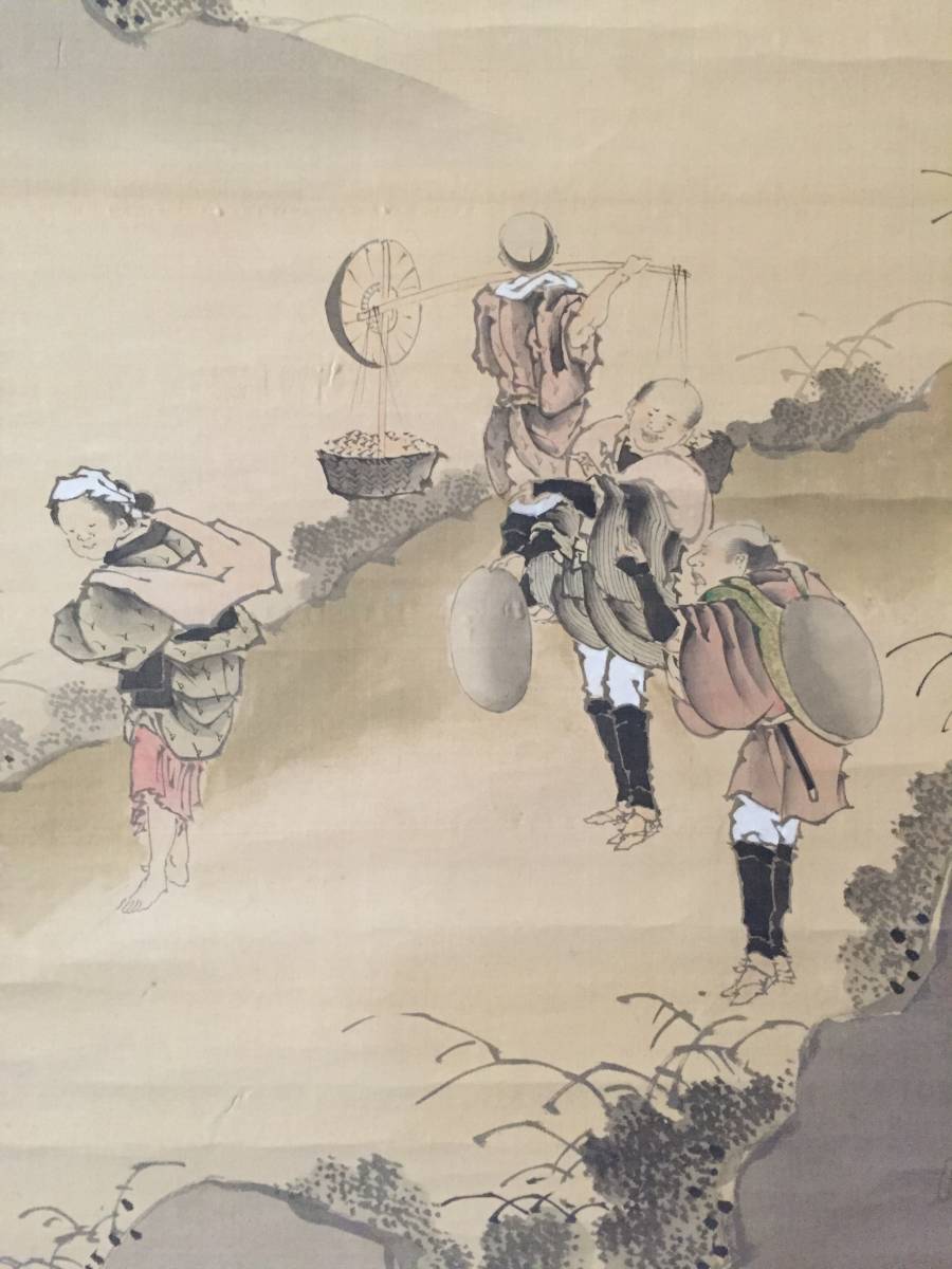 葛飾北斎 掛軸 仮題『富士と旅人と渡し舟』絹本肉筆 対幅 大幅軸 江戸 