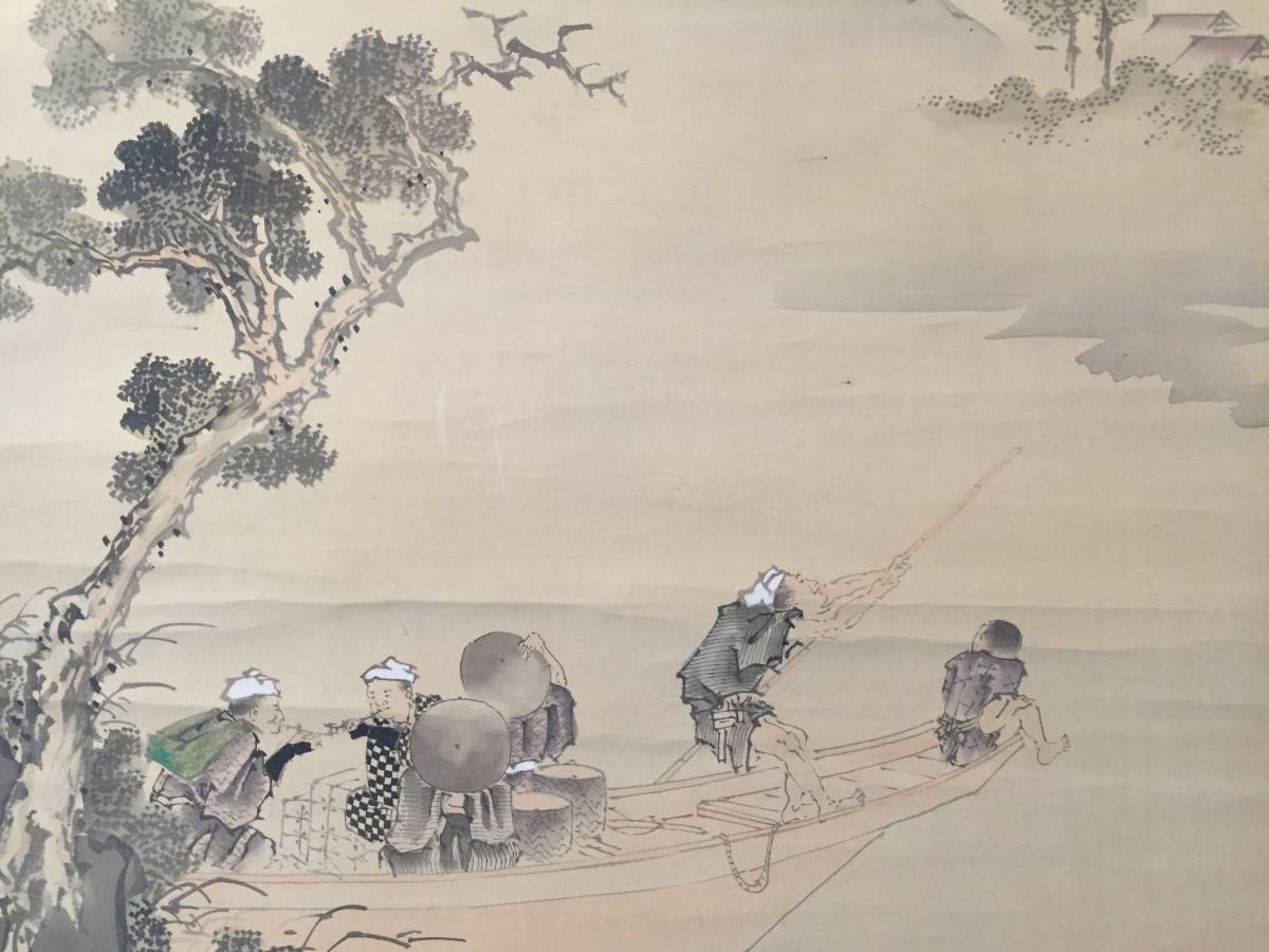葛飾北斎 掛軸 仮題『富士と旅人と渡し舟』絹本肉筆 対幅 大幅軸 江戸 