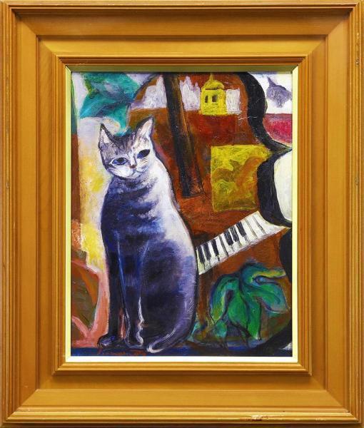 真作】【WISH】亀本よし子「ねこ」油彩 6号 〇二科会友 二科東京展