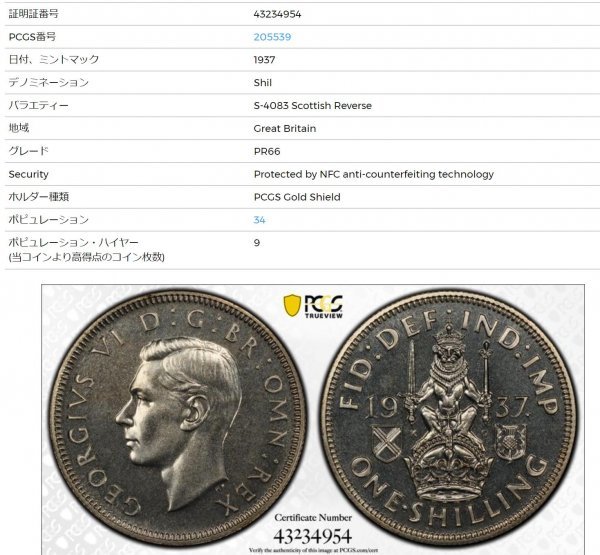 1937年 イギリス 1クラウン 銀貨 ジョージ6世 戴冠記念 NGC MS 63