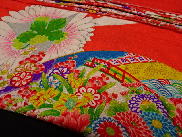 アンティーク 子供着物 洗い張り 綸子 | 子供着物 kimono 赤の