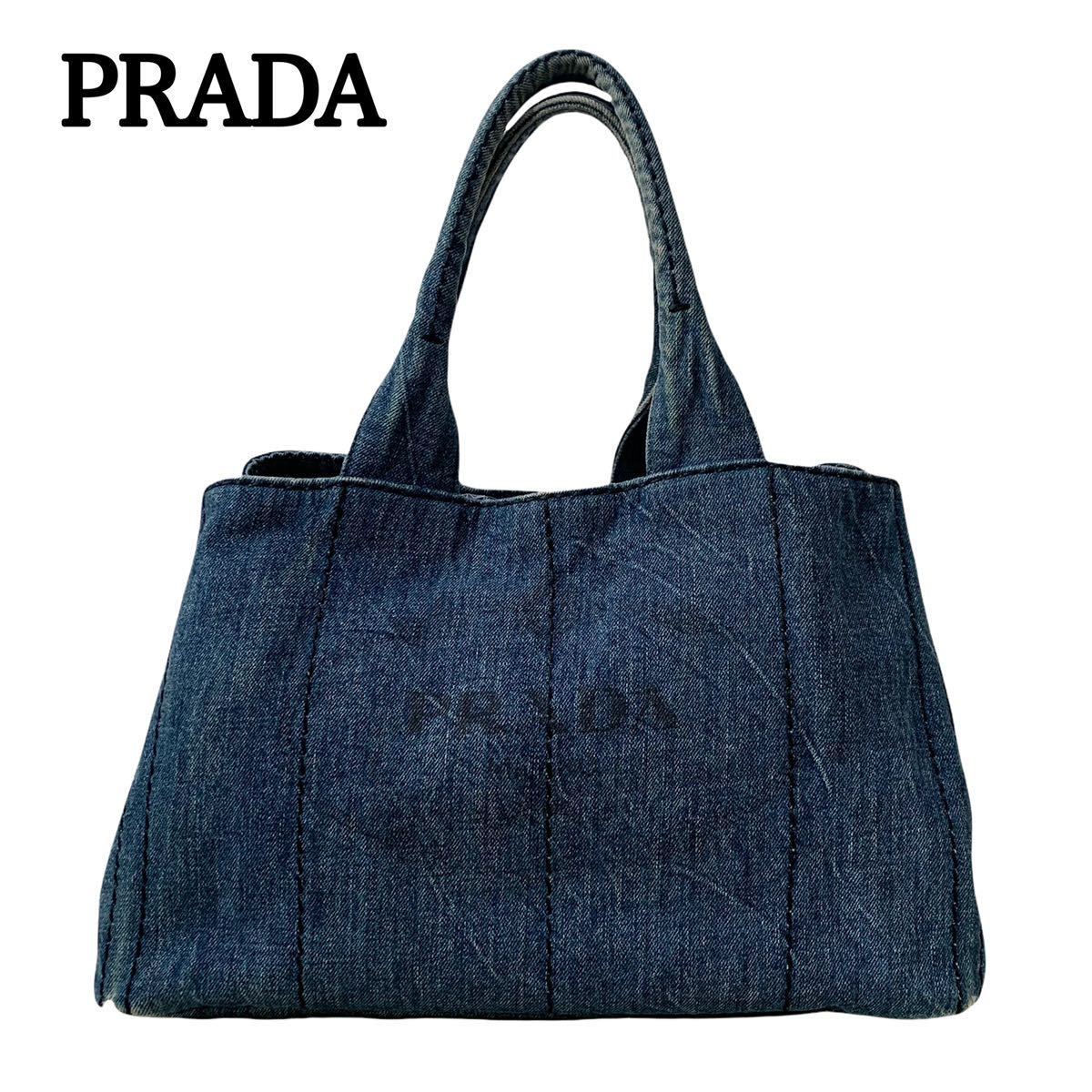 1円～ 希少 最高級 PRADA プラダ トートバッグ カナパ デニム 三角プレート キャンバス ブルー系 ロゴ ハンドバッグ 肩掛け　 プラダ PRADA 希少 A4収納 肩掛け◎ ブラック