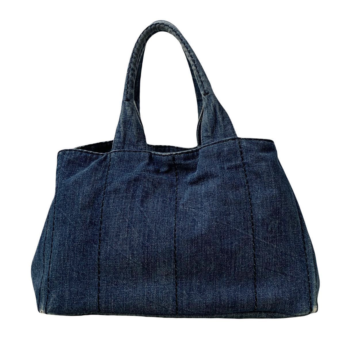 1円～ 希少 最高級 PRADA プラダ トートバッグ カナパ デニム 三角プレート キャンバス ブルー系 ロゴ ハンドバッグ 肩掛け　 プラダ PRADA 希少 A4収納 肩掛け◎ ブラック