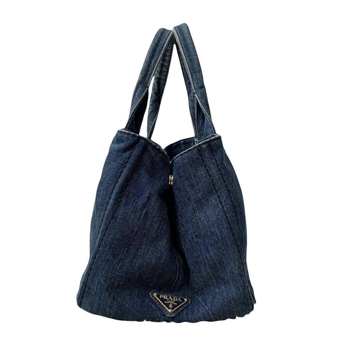 1円～ 希少 最高級 PRADA プラダ トートバッグ カナパ デニム 三角プレート キャンバス ブルー系 ロゴ ハンドバッグ 肩掛け　 プラダ PRADA 希少 A4収納 肩掛け◎ ブラック