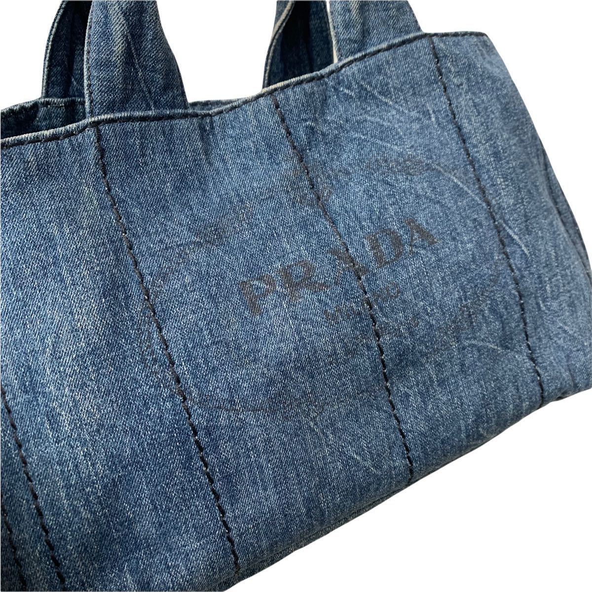 1円～ 希少 最高級 PRADA プラダ トートバッグ カナパ デニム 三角プレート キャンバス ブルー系 ロゴ ハンドバッグ 肩掛け　 プラダ PRADA 希少 A4収納 肩掛け◎ ブラック