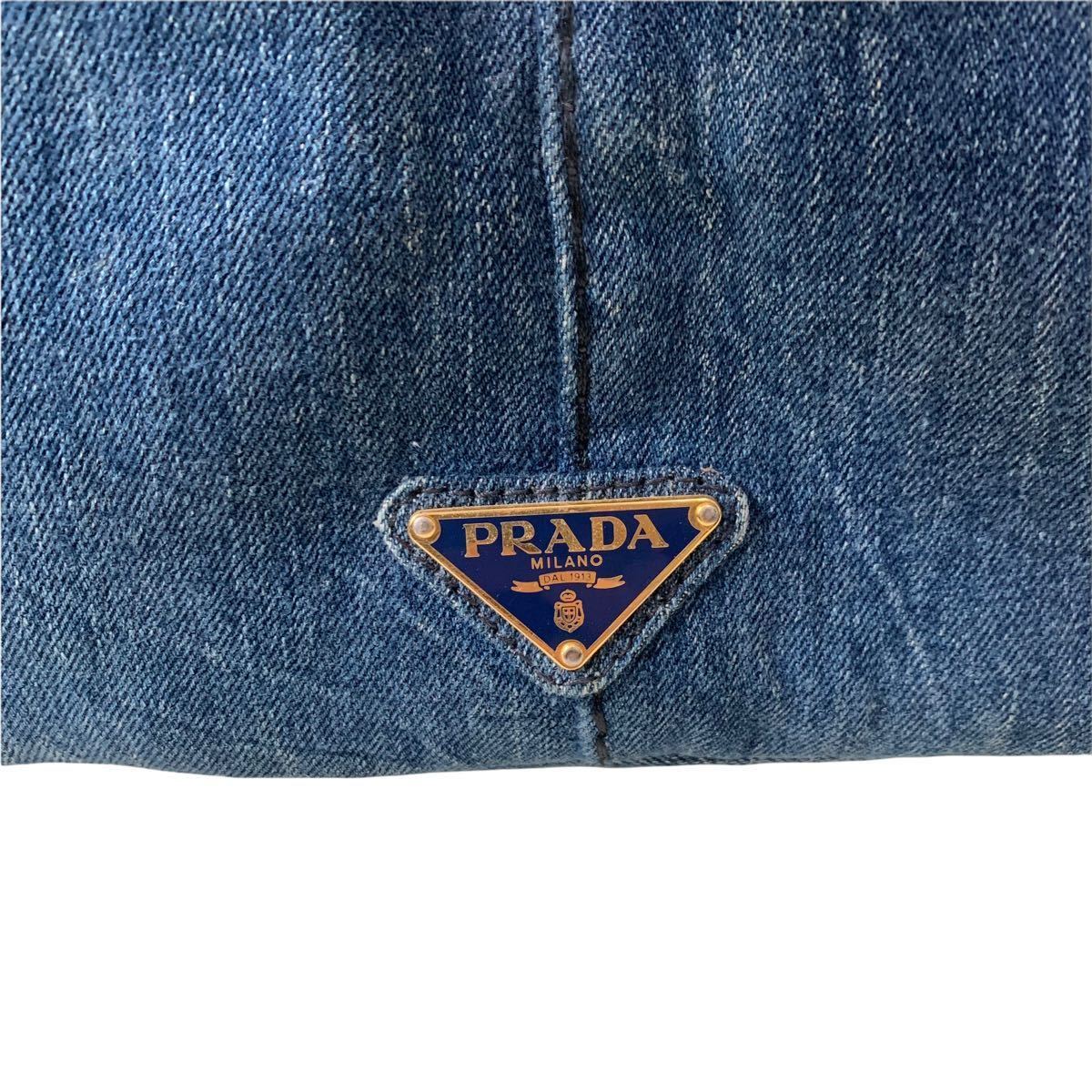 1円～ 希少 最高級 PRADA プラダ トートバッグ カナパ デニム 三角プレート キャンバス ブルー系 ロゴ ハンドバッグ 肩掛け　 プラダ PRADA 希少 A4収納 肩掛け◎ ブラック