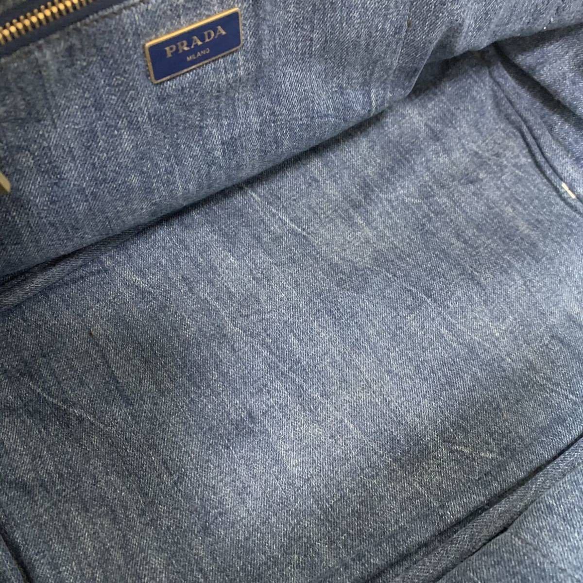1円～ 希少 最高級 PRADA プラダ トートバッグ カナパ デニム 三角プレート キャンバス ブルー系 ロゴ ハンドバッグ 肩掛け　 プラダ PRADA 希少 A4収納 肩掛け◎ ブラック
