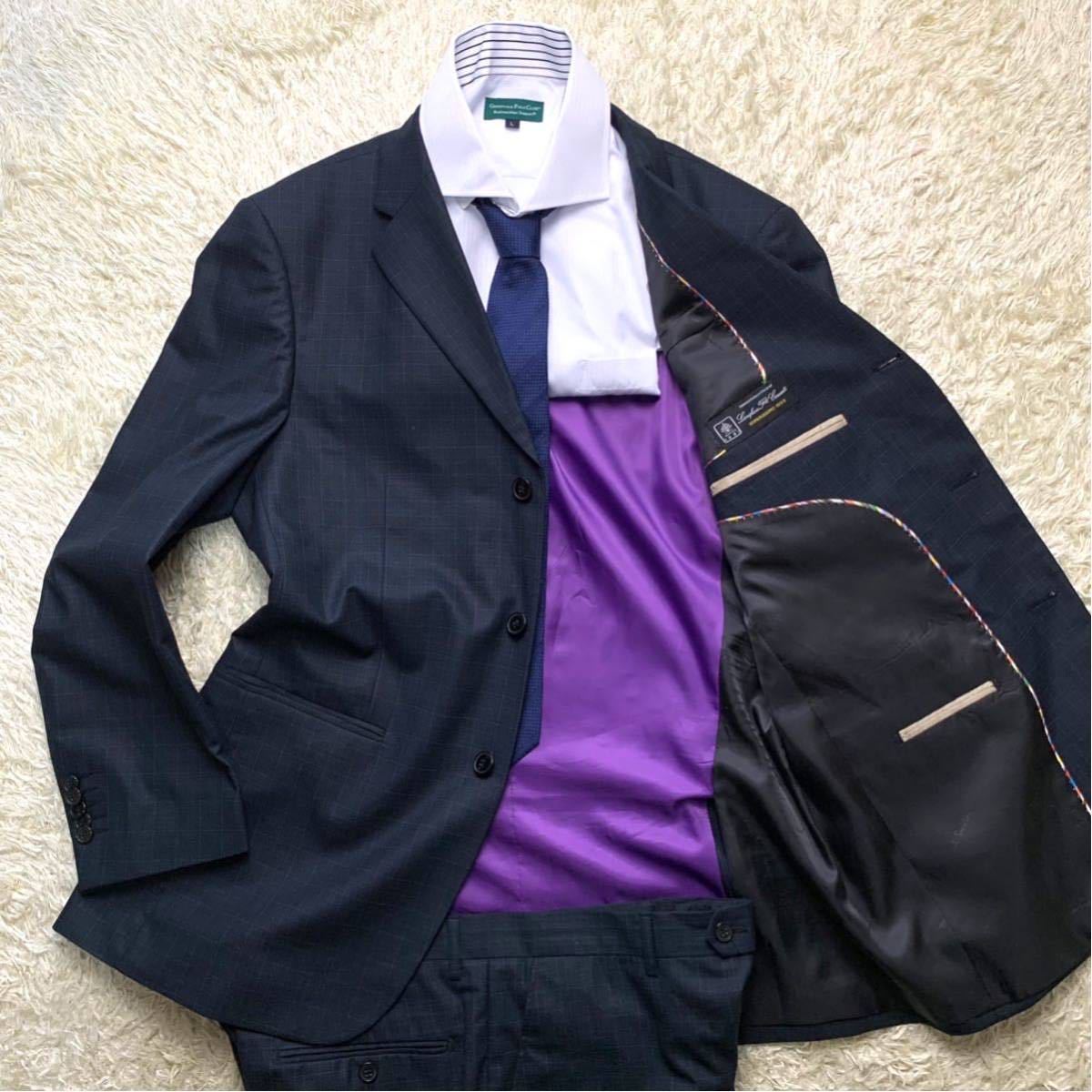 ポールスミスロンドン×【伊】チェルッティ社特注Super150'sラムウール Paul Smith LONDON スーツ A-52 XL 裏地 柄 パープル マルチカラー Paul スーツ ポールスミスロンドン×伊チェルッティ社特注Super150's シングルスーツ ポールスミス× DELFINO