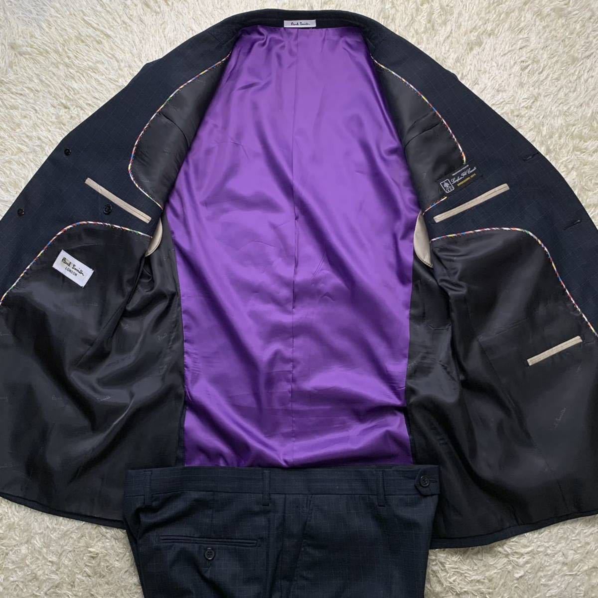 ポールスミスロンドン×【伊】チェルッティ社特注Super150'sラムウール Paul Smith LONDON スーツ A-52 XL 裏地 柄 パープル マルチカラー Paul スーツ ポールスミスロンドン×伊チェルッティ社特注Super150's シングルスーツ ポールスミス× DELFINO