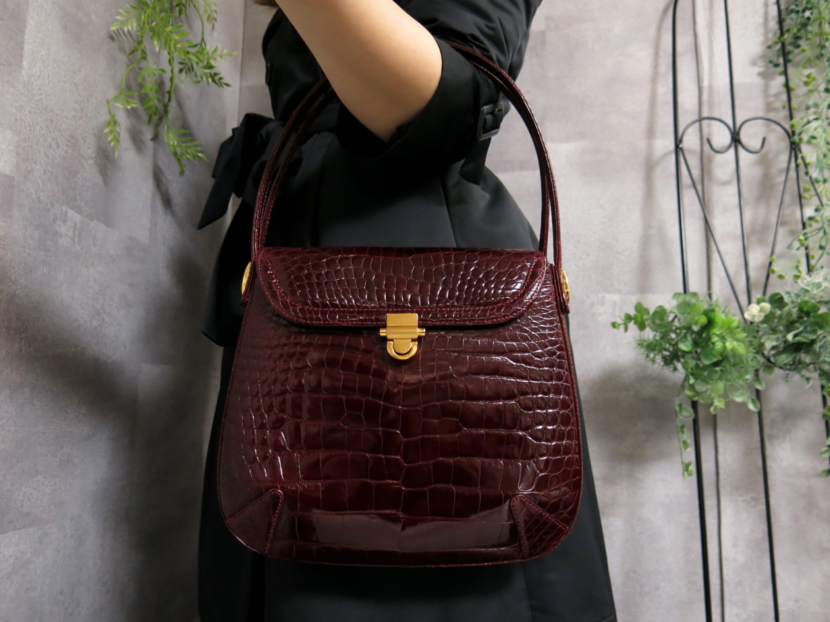 1円～状態良【本クロコダイル(ツヤ有)】高級ハンドバッグ/トート