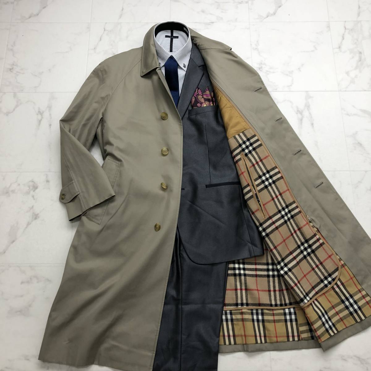極上ノバチェック★バーバリー【BURBERRY】ステンカラーコート メンズ L カーキ ビジネス トレンド 着脱可能ライナー 冬 厚手 保温性◎ 26K