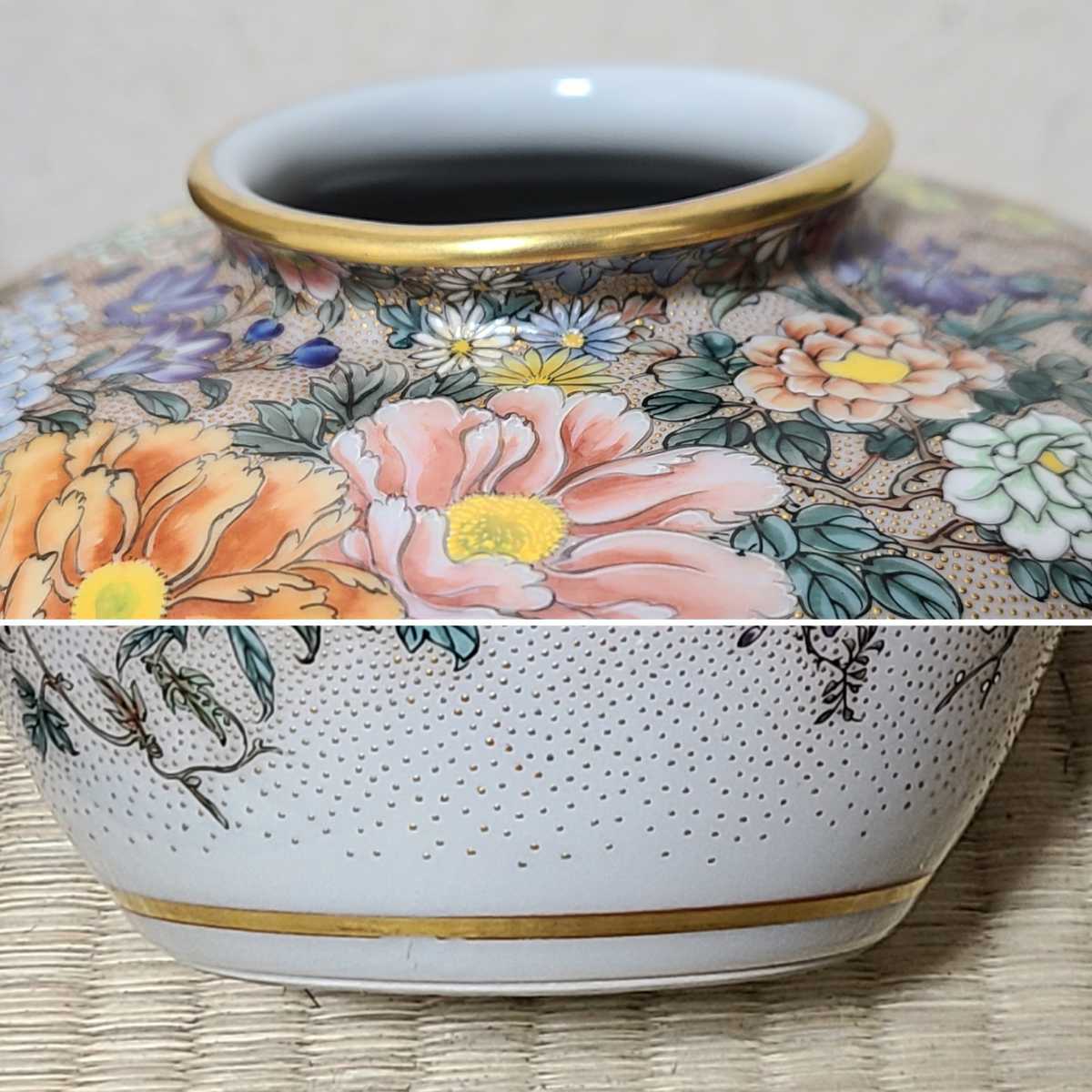 美品 最高級 極上 彩密絵付 九谷焼 栄山 色絵 金襴手 花瓶 骨董 百花