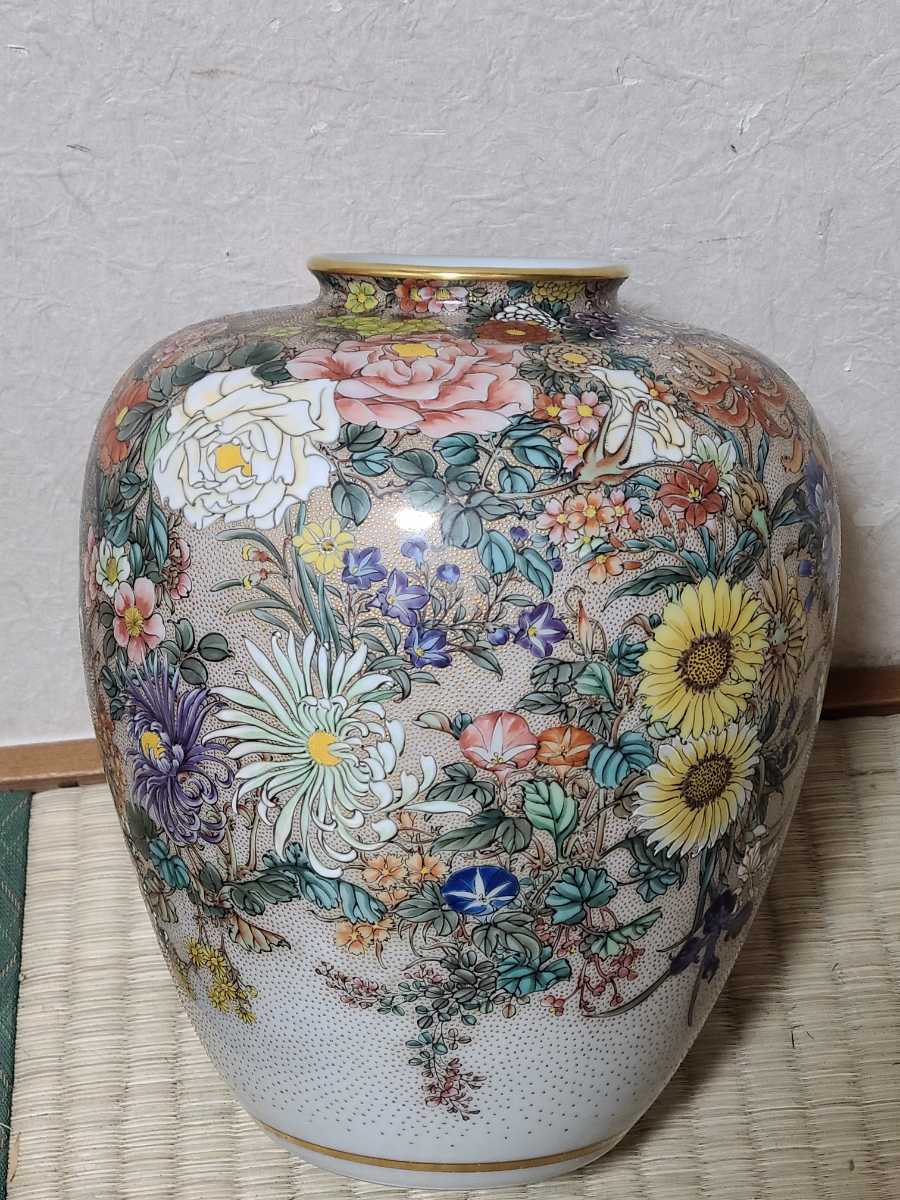 美品 最高級 極上 彩密絵付 九谷焼 栄山 色絵 金襴手 花瓶 骨董 百花