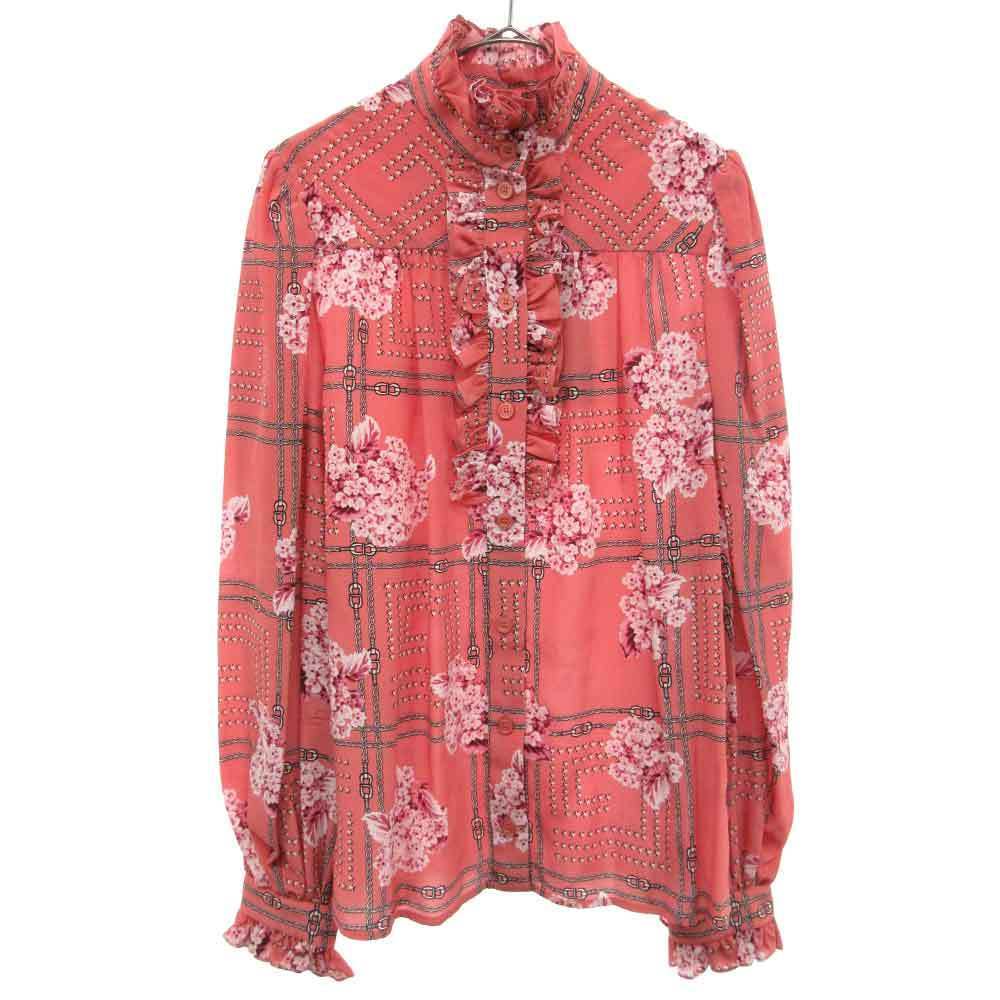 グッチ 21SS フローラル プリント シルク ラッフル シャツ 総柄 ピンク 