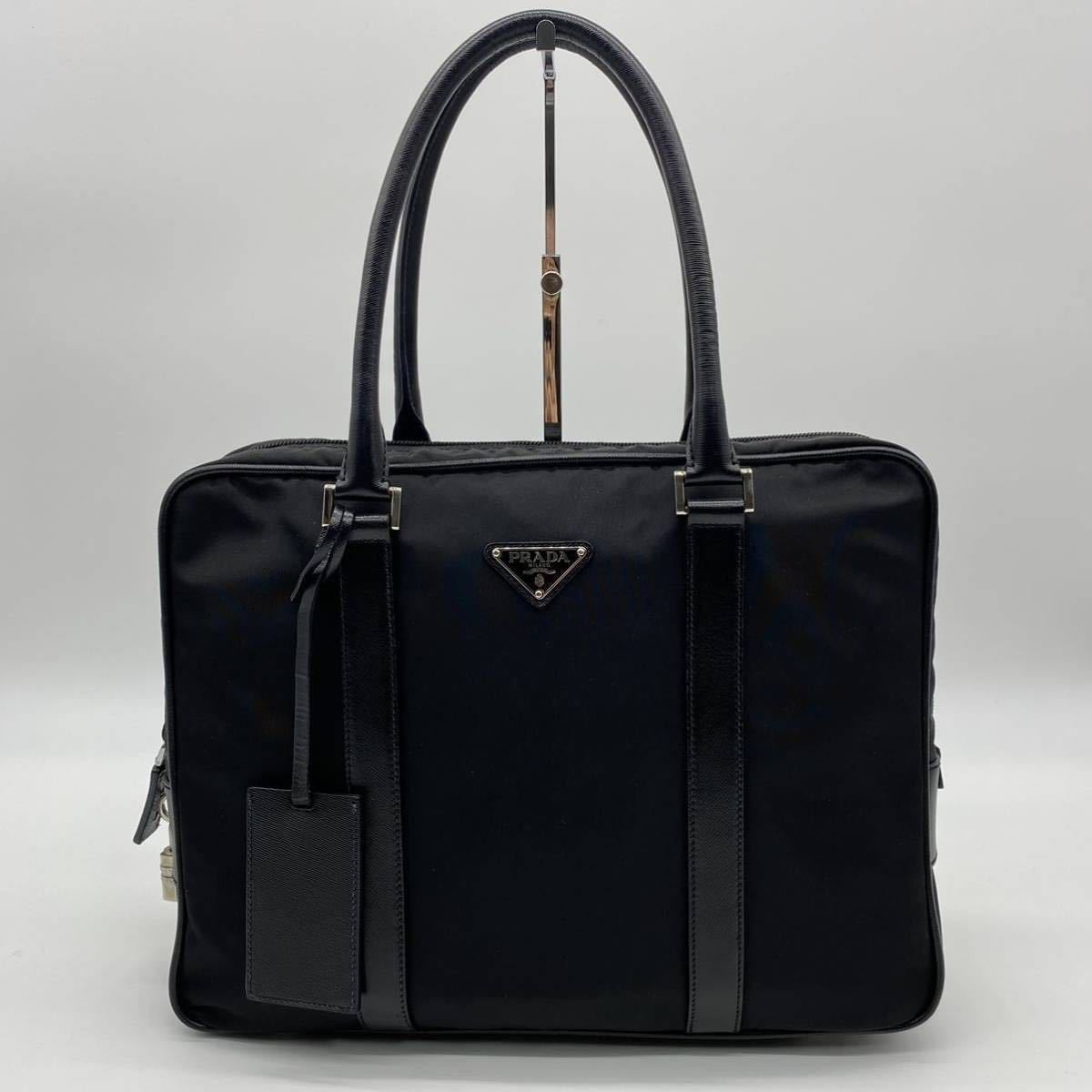 PRADA プラダ ビジネスバッグ ブリーフケース レザー サフィアーノ ナイロン ブラック ハンドバッグ ビジネス 本 金具 三角ロゴ 美品 極 黒&frasl;ブランドバッグ