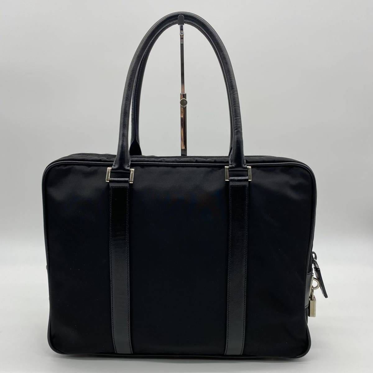 PRADA プラダ ビジネスバッグ ブリーフケース レザー サフィアーノ ナイロン ブラック ハンドバッグ ビジネス 本 金具 三角ロゴ 美品 極 黒&frasl;ブランドバッグ