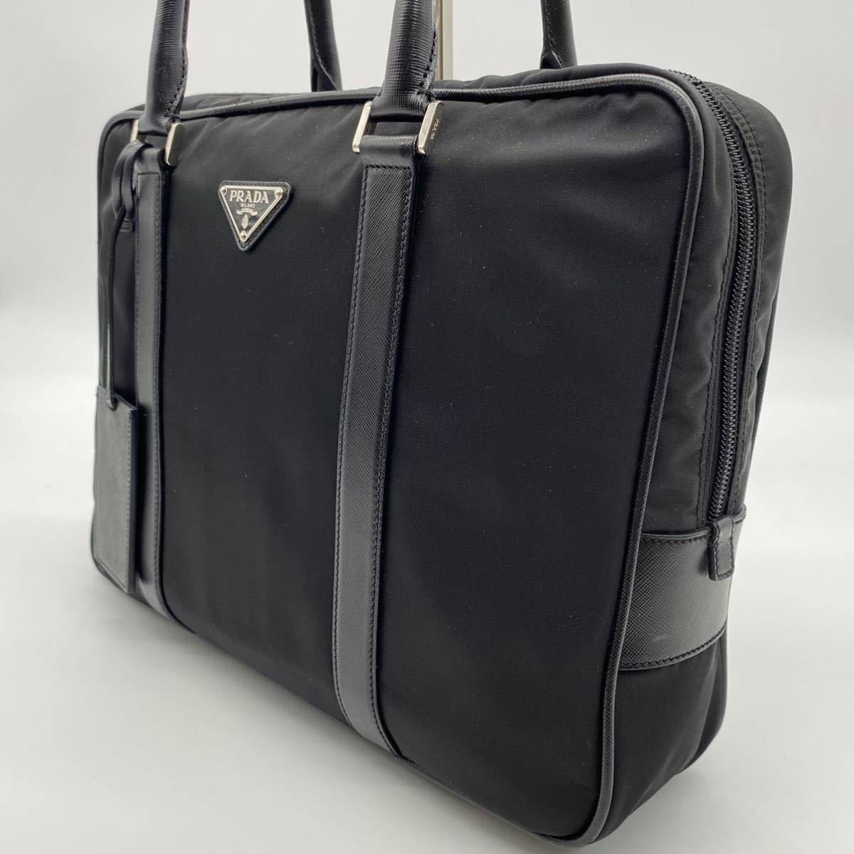PRADA プラダ ビジネスバッグ ブリーフケース レザー サフィアーノ ナイロン ブラック ハンドバッグ ビジネス 本 金具 三角ロゴ 美品 極 黒&frasl;ブランドバッグ
