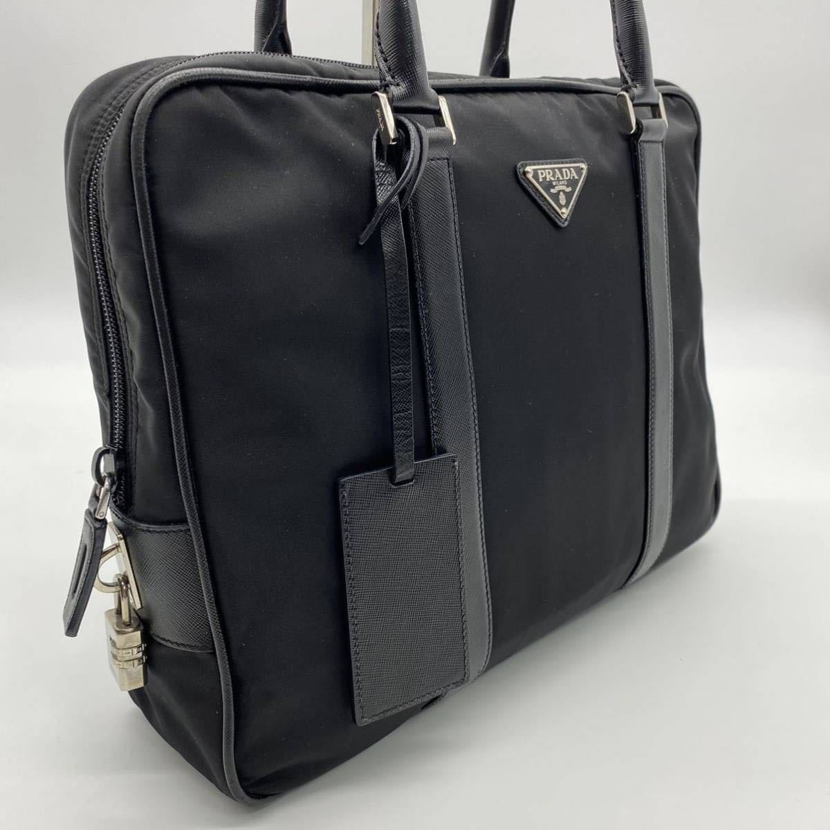 PRADA プラダ ビジネスバッグ ブリーフケース レザー サフィアーノ ナイロン ブラック ハンドバッグ ビジネス 本 金具 三角ロゴ 美品 極 黒&frasl;ブランドバッグ