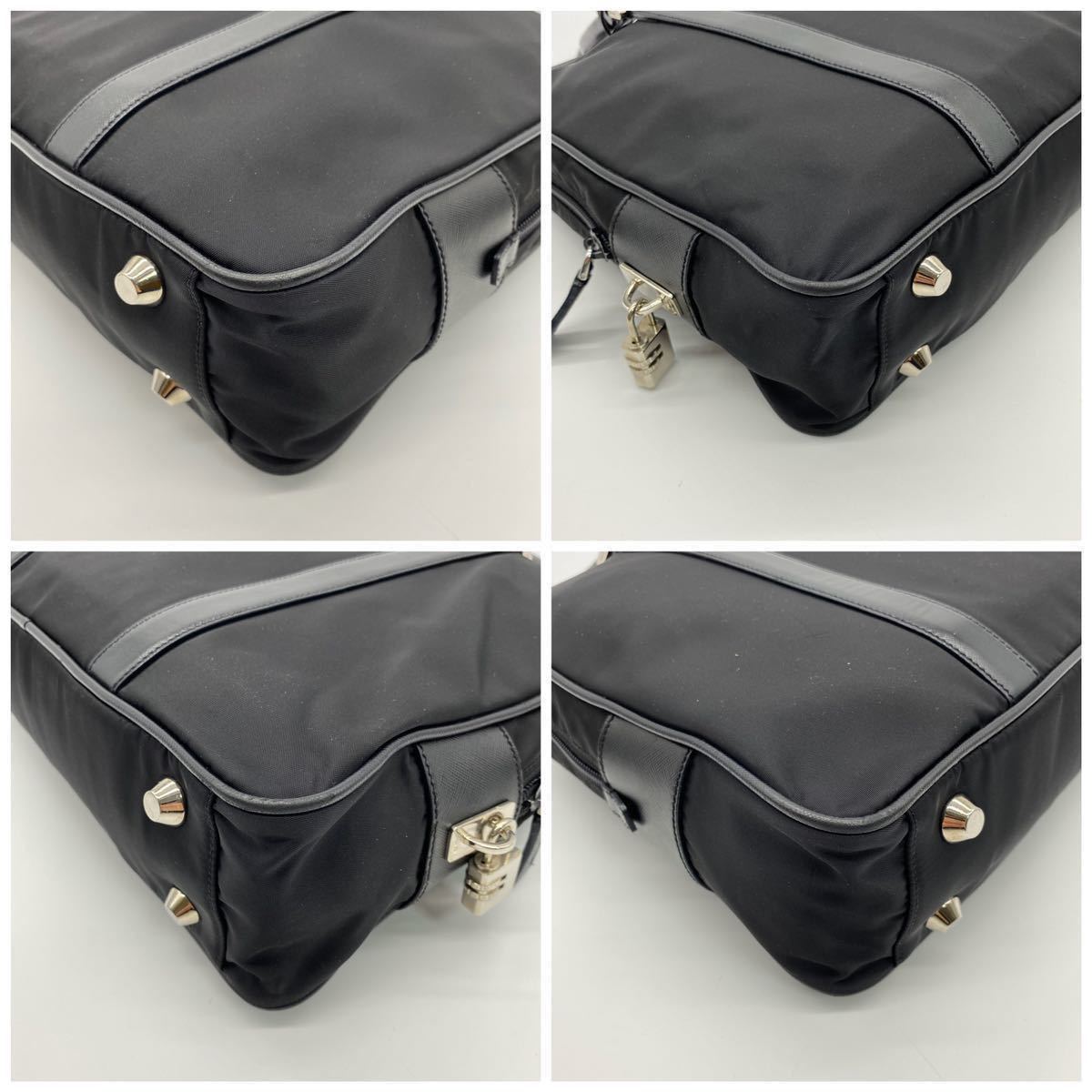 PRADA プラダ ビジネスバッグ ブリーフケース レザー サフィアーノ ナイロン ブラック ハンドバッグ ビジネス 本 金具 三角ロゴ 美品 極 黒&frasl;ブランドバッグ