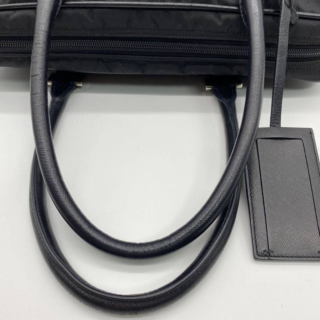 PRADA プラダ ビジネスバッグ ブリーフケース レザー サフィアーノ ナイロン ブラック ハンドバッグ ビジネス 本 金具 三角ロゴ 美品 極 黒&frasl;ブランドバッグ
