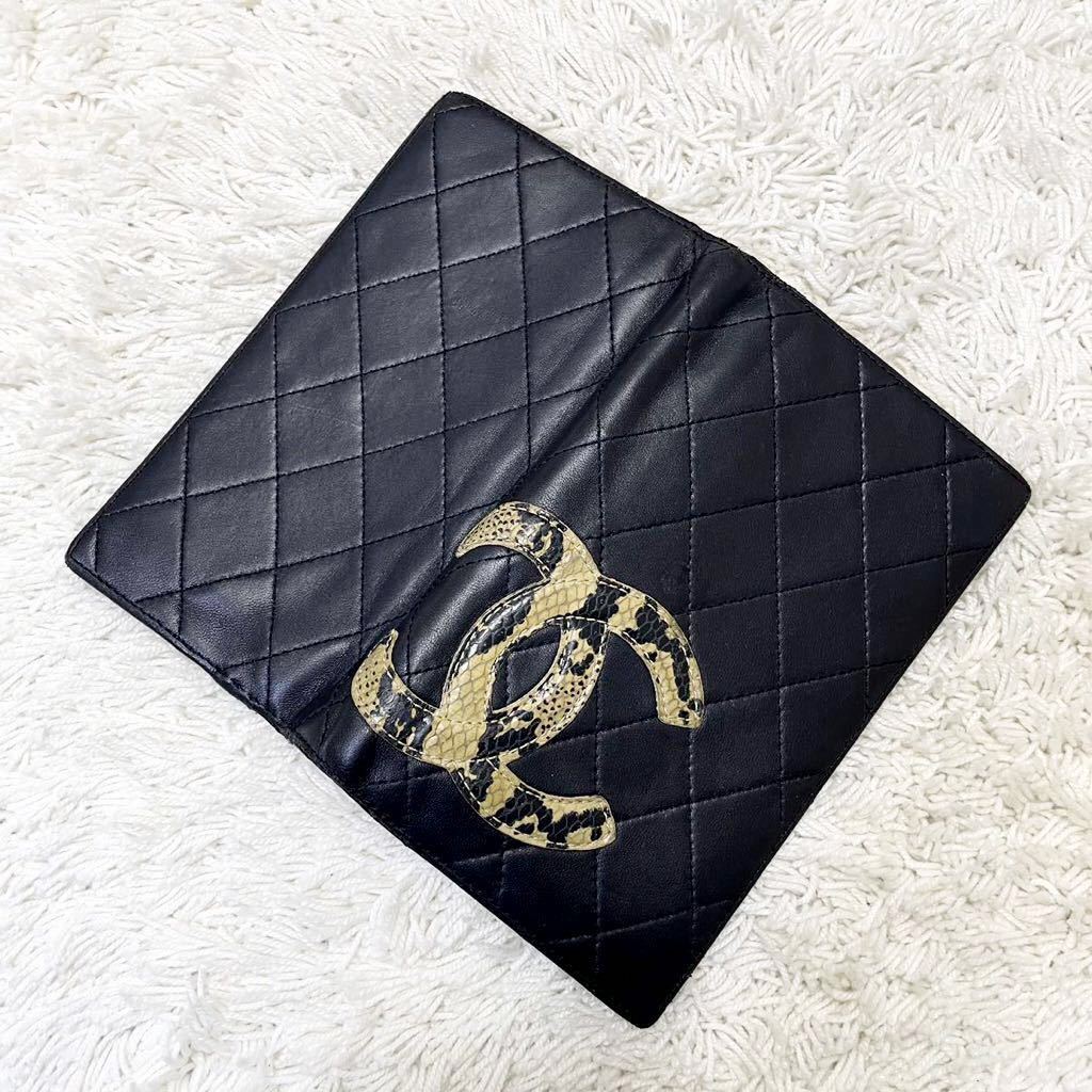 1円 CHANEL シャネル カンボンライン パイソン ココマーク 二つ 折り  